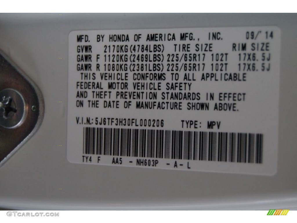 2015 Crosstour Color Code NH603P for White Diamond Pearl Photo #97648416