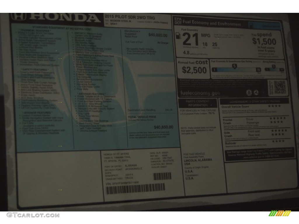 2015 Pilot Touring - Modern Steel Metallic / Gray photo #6