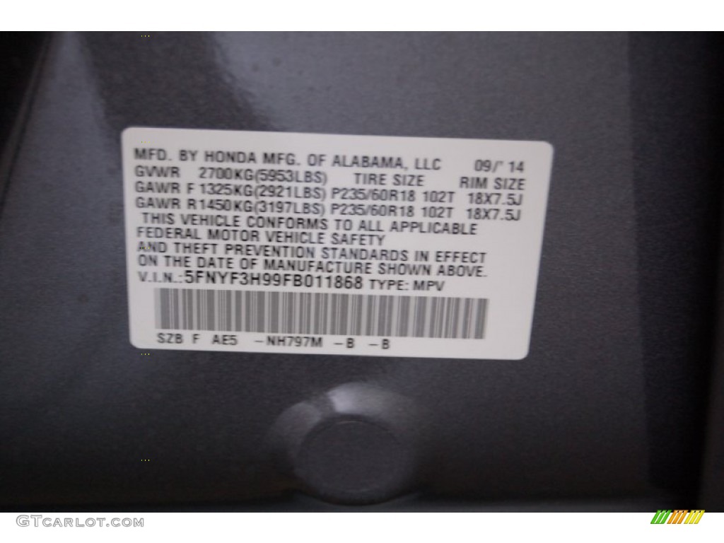 2015 Pilot Touring - Modern Steel Metallic / Gray photo #35