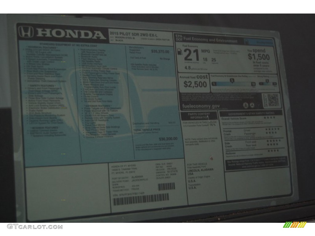 2015 Pilot EX-L - Modern Steel Metallic / Black photo #6