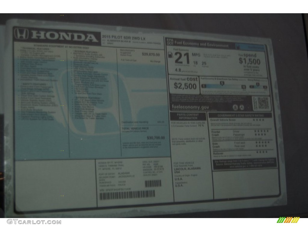 2015 Pilot LX - Alabaster Silver Metallic / Gray photo #6