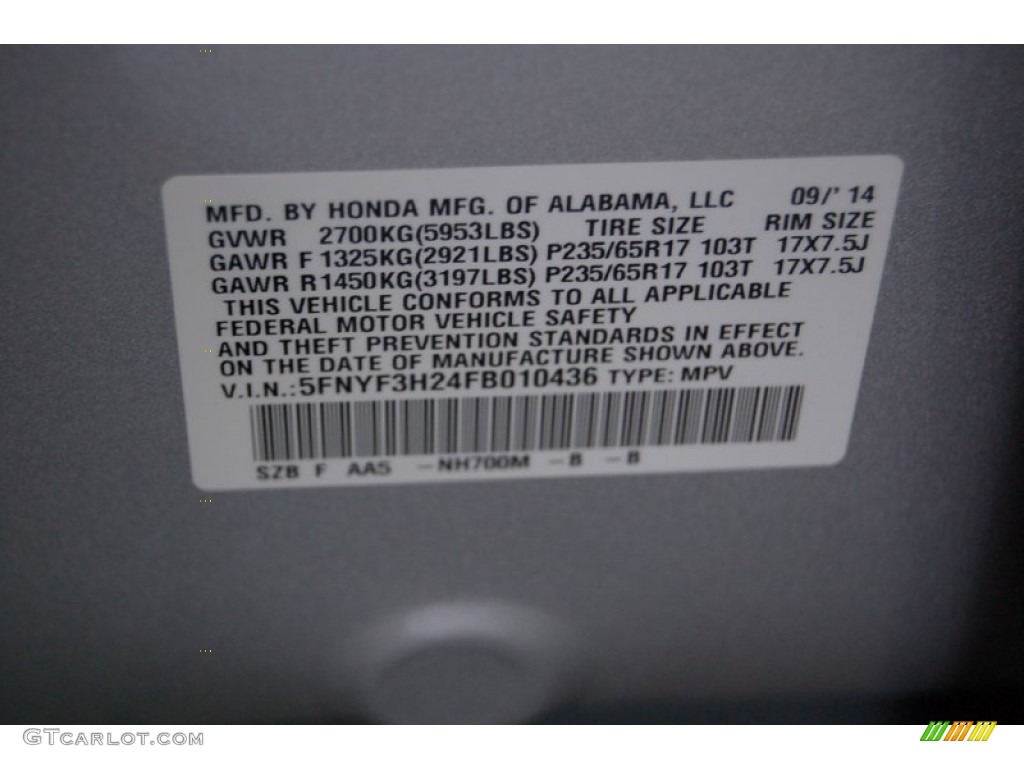 2015 Pilot Color Code NH700M for Alabaster Silver Metallic Photo #97652868