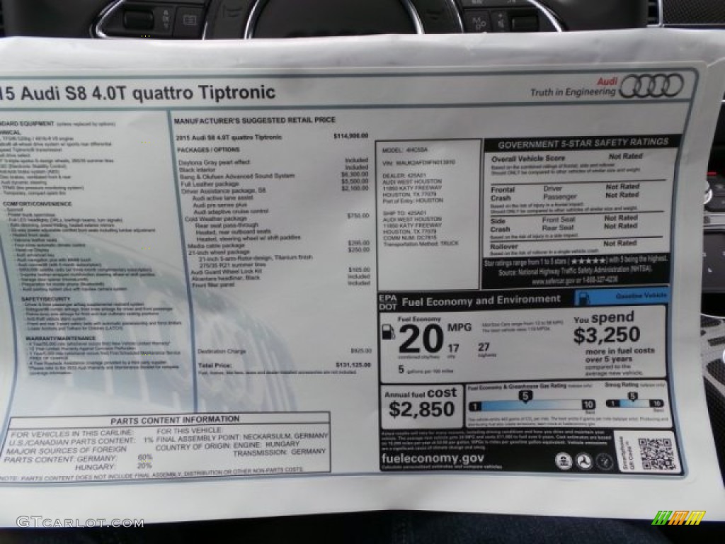 2015 Audi S8 quattro S Window Sticker Photo #97667511