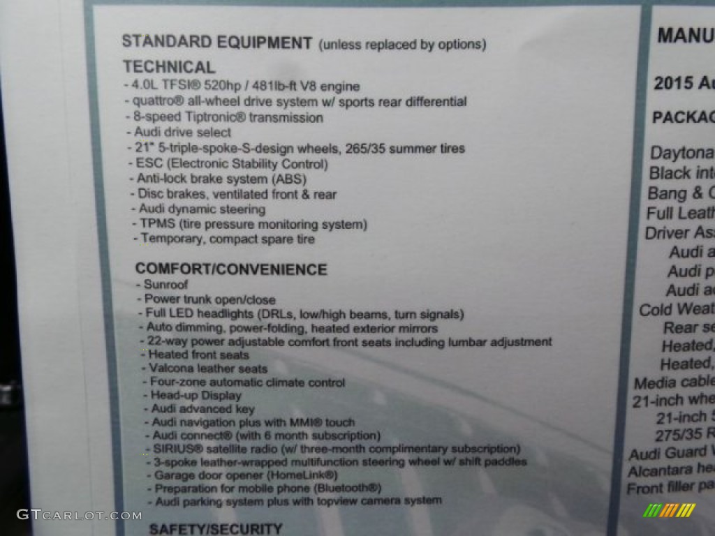 2015 Audi S8 quattro S Window Sticker Photo #97667553