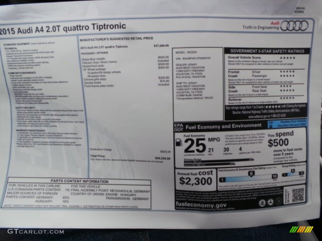 2015 Audi A4 2.0T Premium quattro Window Sticker Photo #97672341