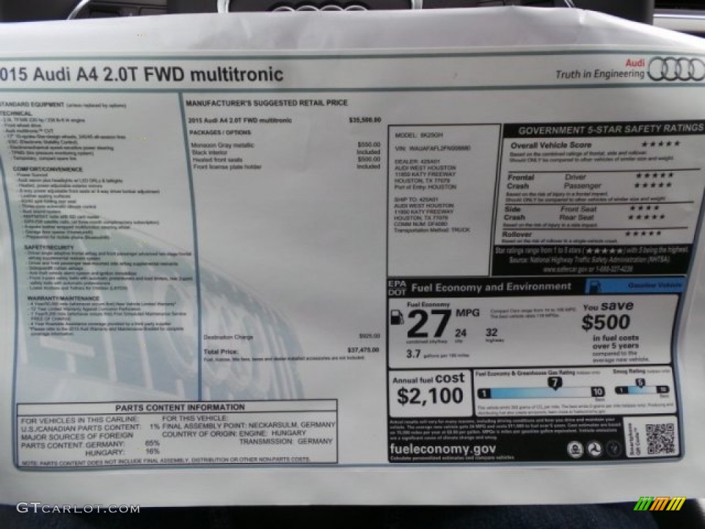 2015 Audi A4 2.0T Premium Window Sticker Photo #97674747