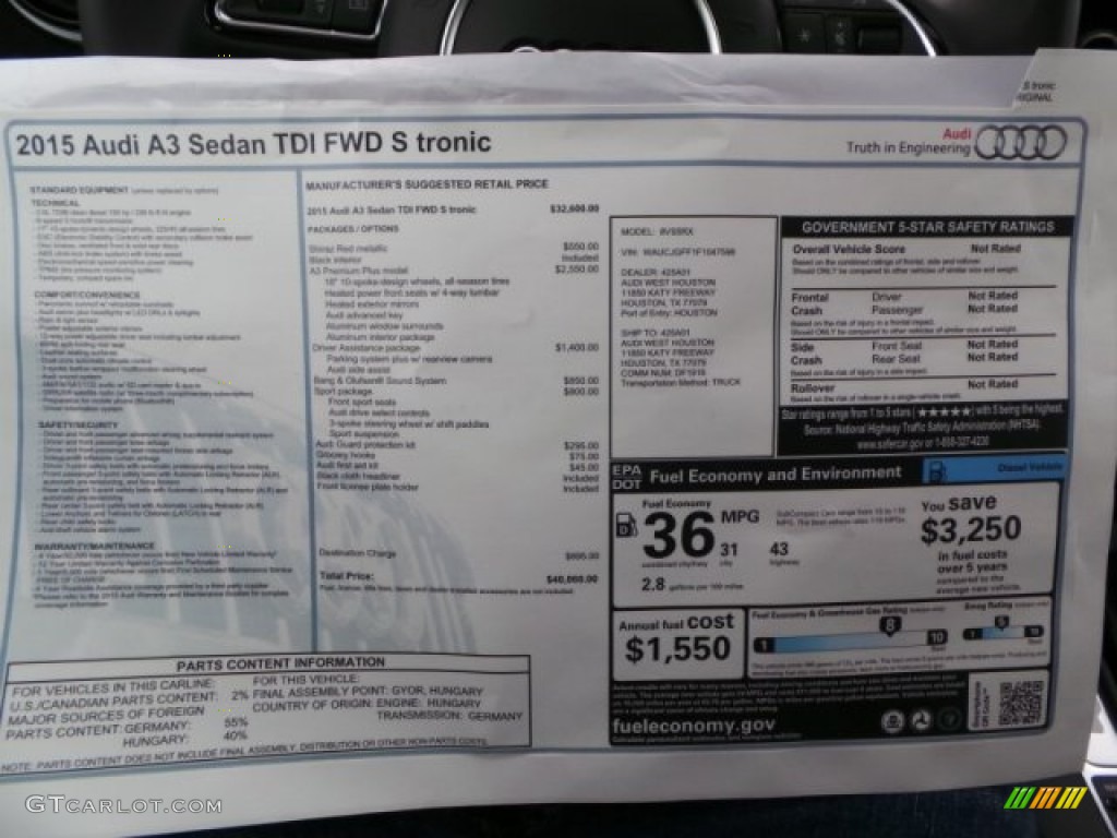 2015 Audi A3 2.0 TDI Premium Window Sticker Photo #97675536