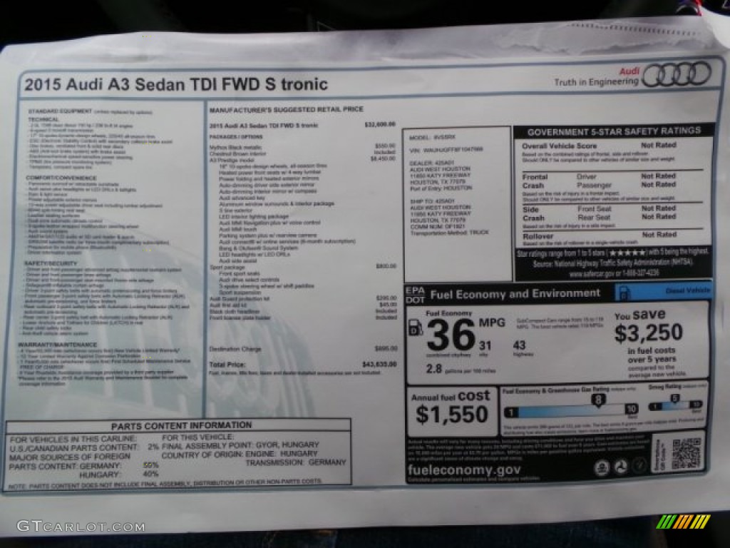 2015 Audi A3 2.0 TDI Prestige Window Sticker Photo #97676358