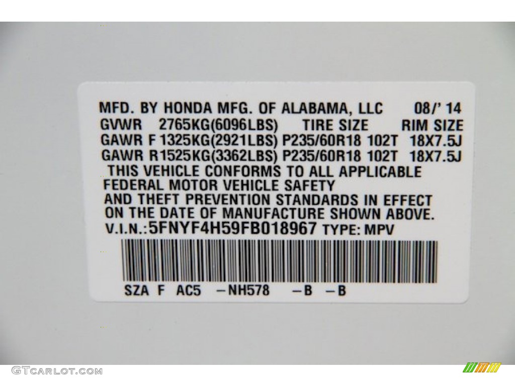 2015 Pilot Color Code NH578 for Taffeta White Photo #97708833