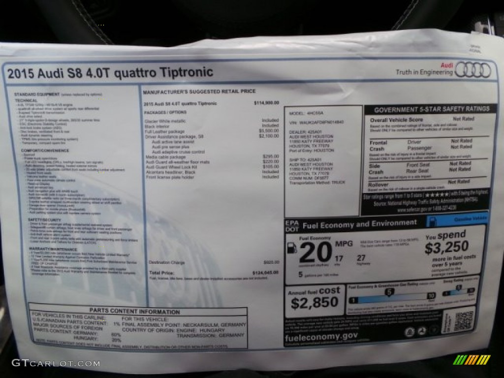 2015 Audi S8 quattro S Window Sticker Photo #97799904