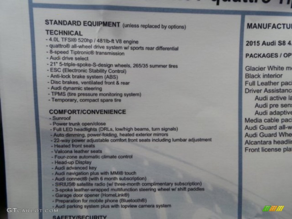 2015 Audi S8 quattro S Window Sticker Photo #97799949