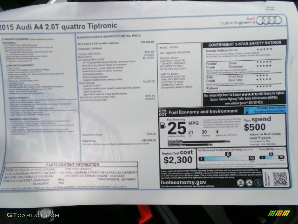 2015 Audi A4 2.0T Premium Plus quattro Window Sticker Photo #97802061