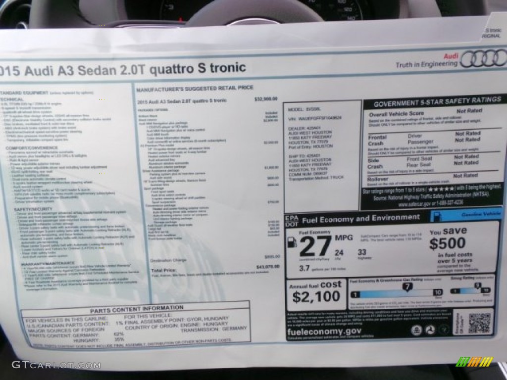 2015 Audi A3 2.0 Premium Plus quattro Window Sticker Photo #97807359