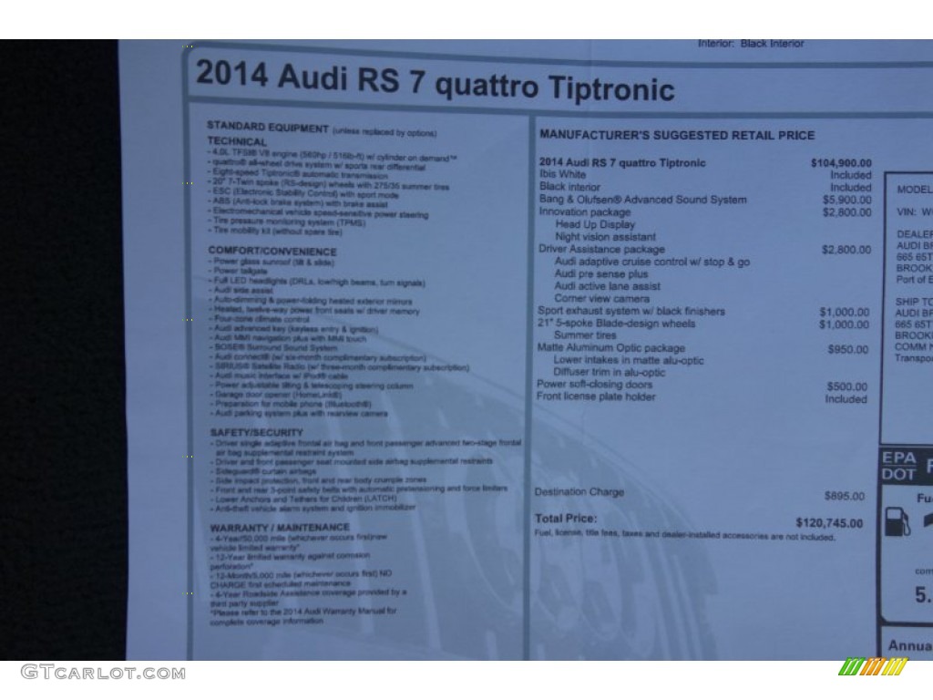 2014 Audi RS 7 4.0 TFSI quattro Window Sticker Photo #97851914