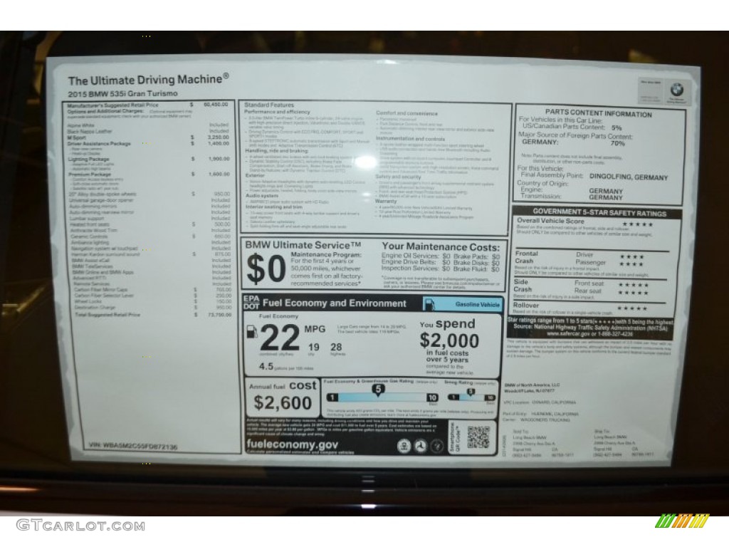 2015 BMW 5 Series 535i Gran Turismo Window Sticker Photos