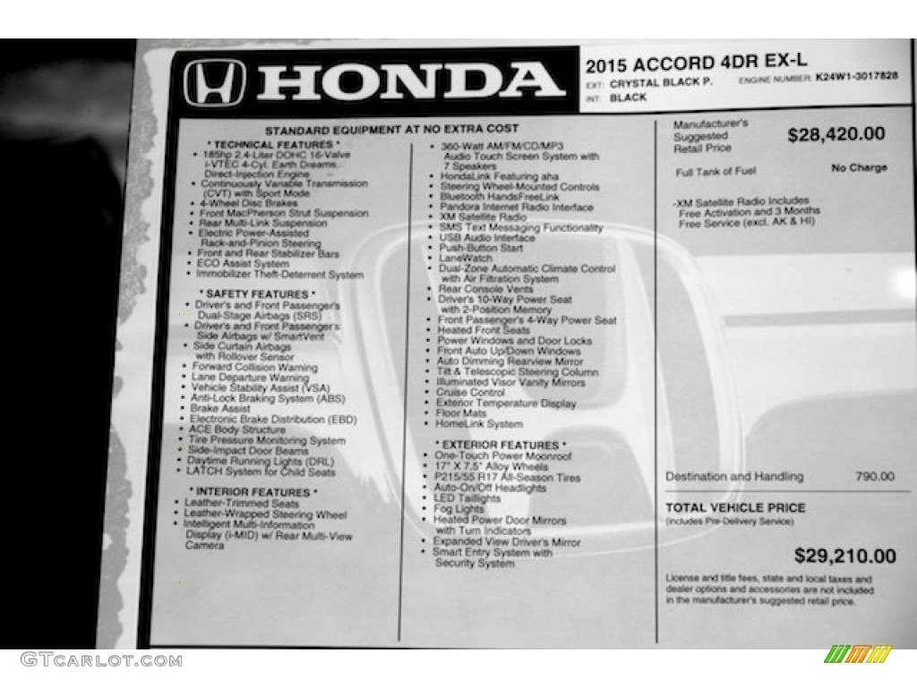 2015 Accord EX-L Sedan - Crystal Black Pearl / Black photo #20