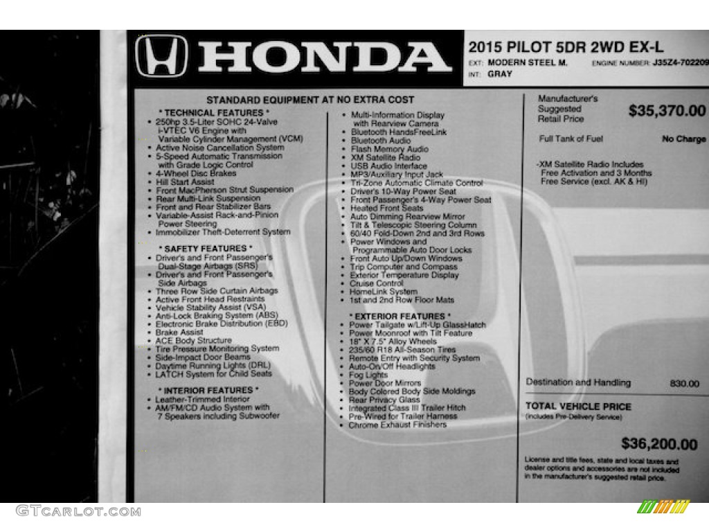 2015 Pilot EX-L - Modern Steel Metallic / Gray photo #22