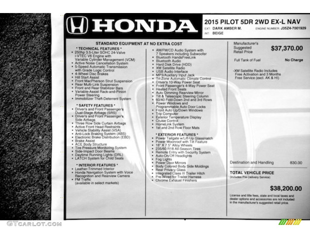 2015 Honda Pilot EX-L Window Sticker Photo #97972438