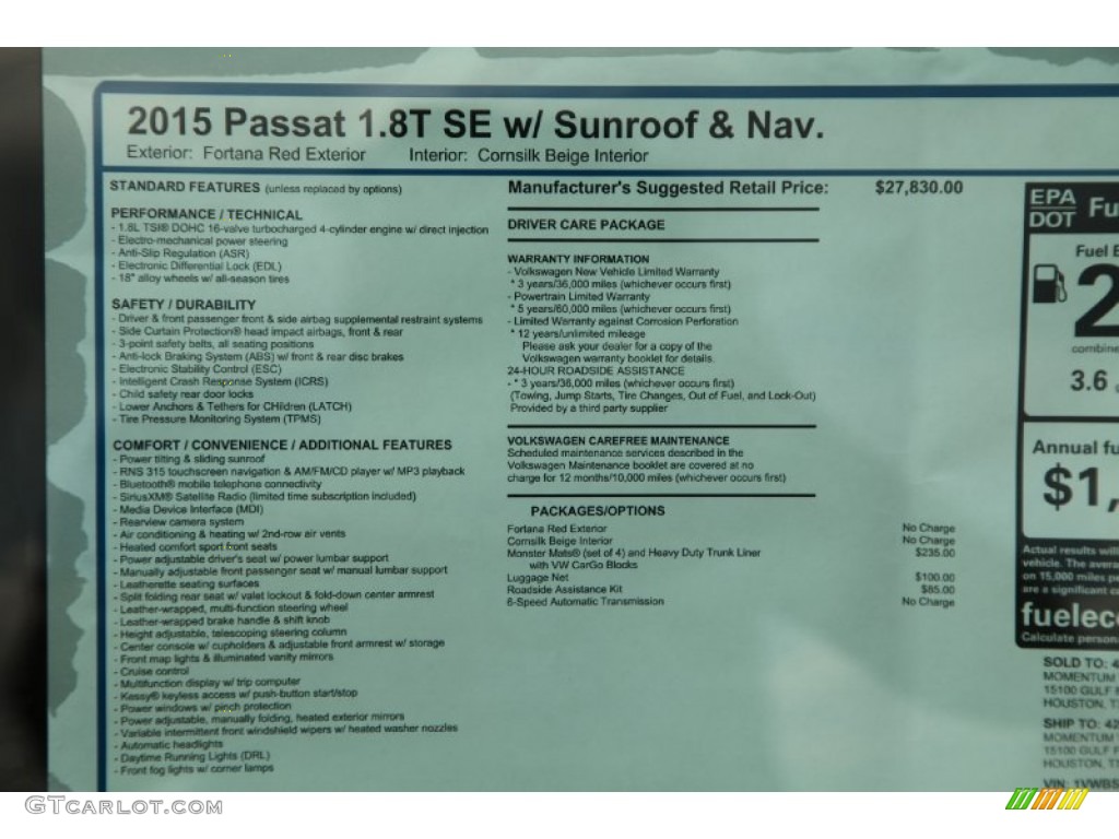 2015 Volkswagen Passat SE Sedan Window Sticker Photo #97988716