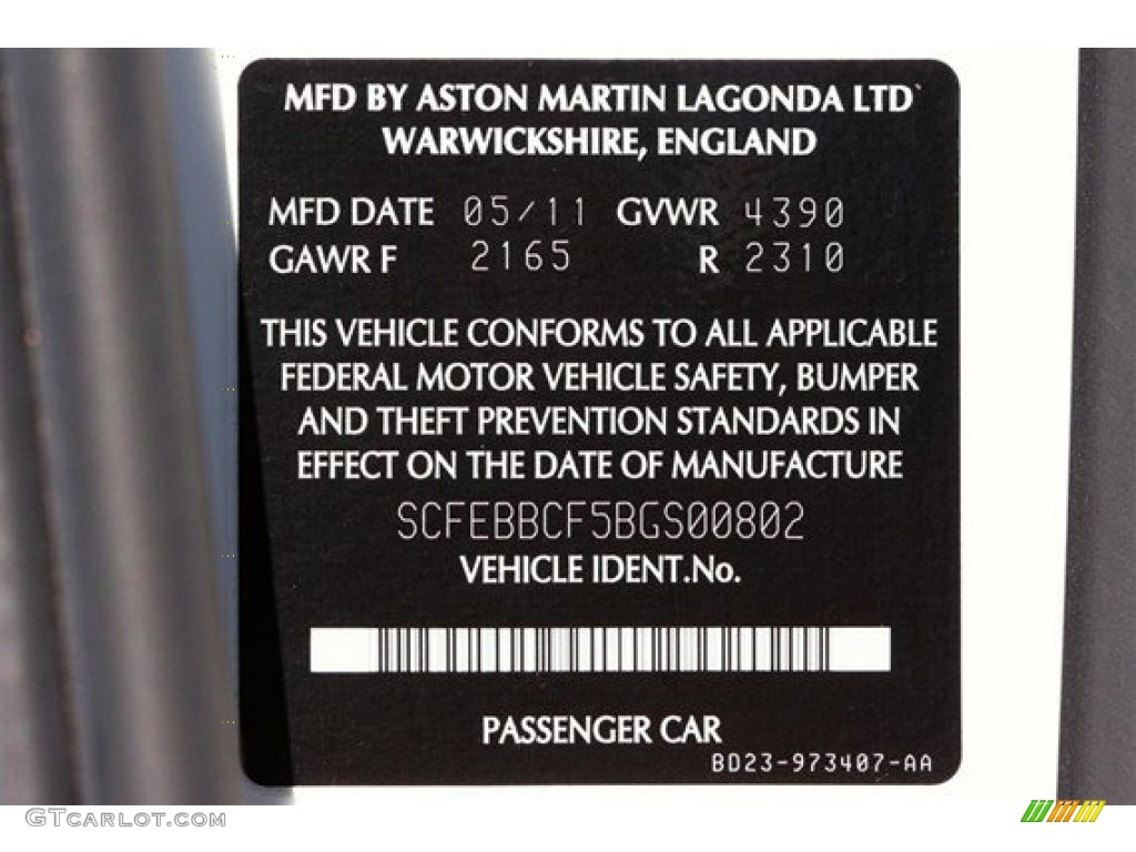 2011 Aston Martin V12 Vantage Coupe Info Tag Photos