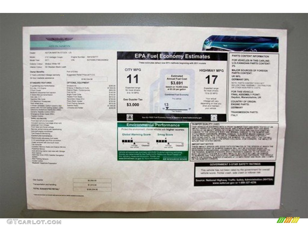 2011 Aston Martin V12 Vantage Coupe Window Sticker Photo #98018089