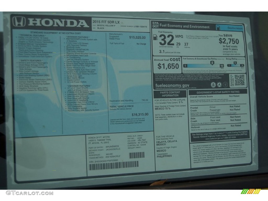 2015 Honda Fit LX Window Sticker Photo #98046496