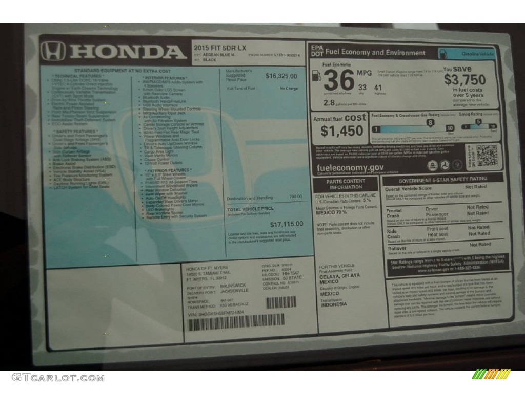 2015 Honda Fit LX Window Sticker Photo #98046838