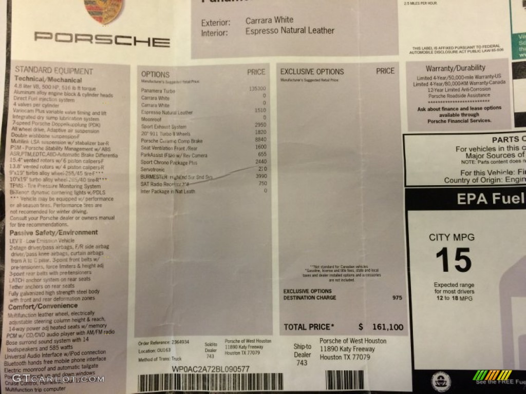 2011 Porsche Panamera Turbo Window Sticker Photos