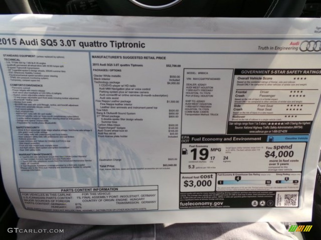 2015 Audi SQ5 Premium Plus 3.0 TFSI quattro Window Sticker Photo #98061289