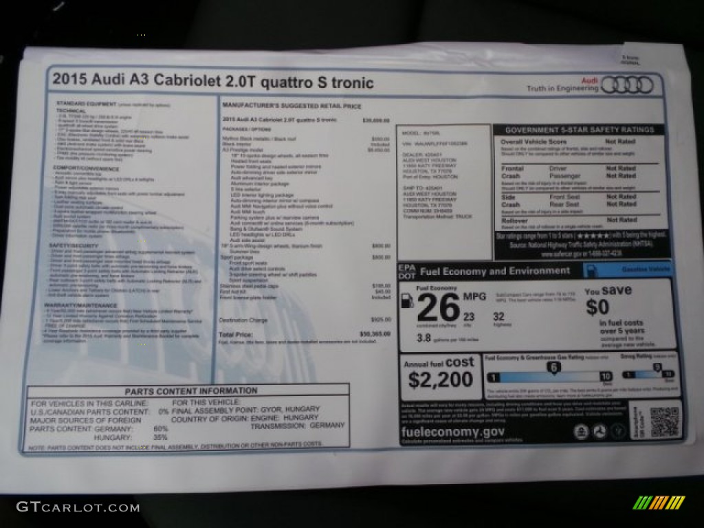 2015 Audi A3 2.0 Prestige quattro Cabriolet Window Sticker Photo #98061928