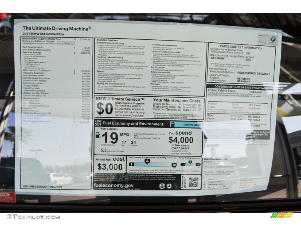 2015 BMW M4 Convertible Window Sticker Photo #98124749