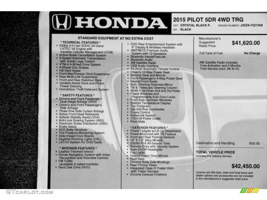 2015 Pilot Touring 4WD - Crystal Black Pearl / Black photo #23