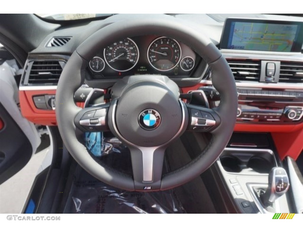 2015 BMW 4 Series 435i Convertible Coral Red/Black Highlight Steering Wheel Photo #98130809