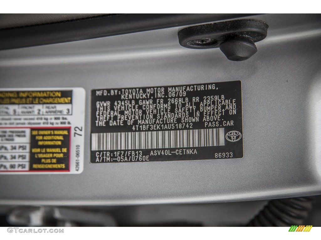 2010 Camry Color Code 1F7 for Classic Silver Metallic Photo #98131871