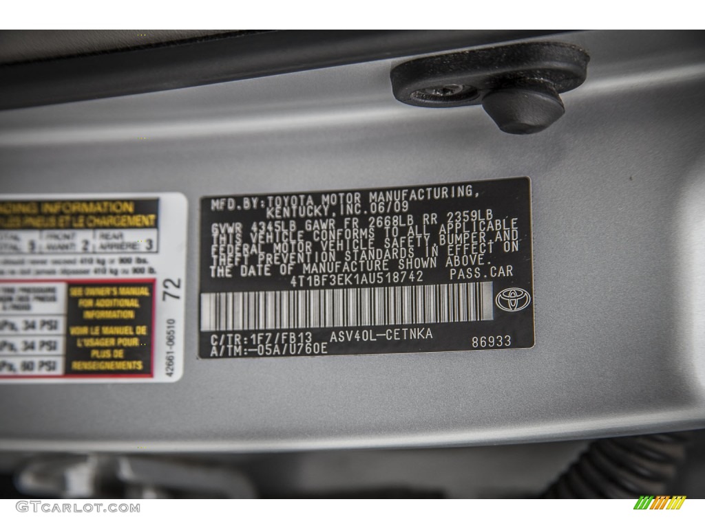 2010 Toyota Camry LE Color Code Photos