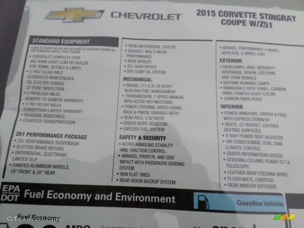 2015 Chevrolet Corvette Stingray Coupe Z51 Window Sticker Photo #98146304