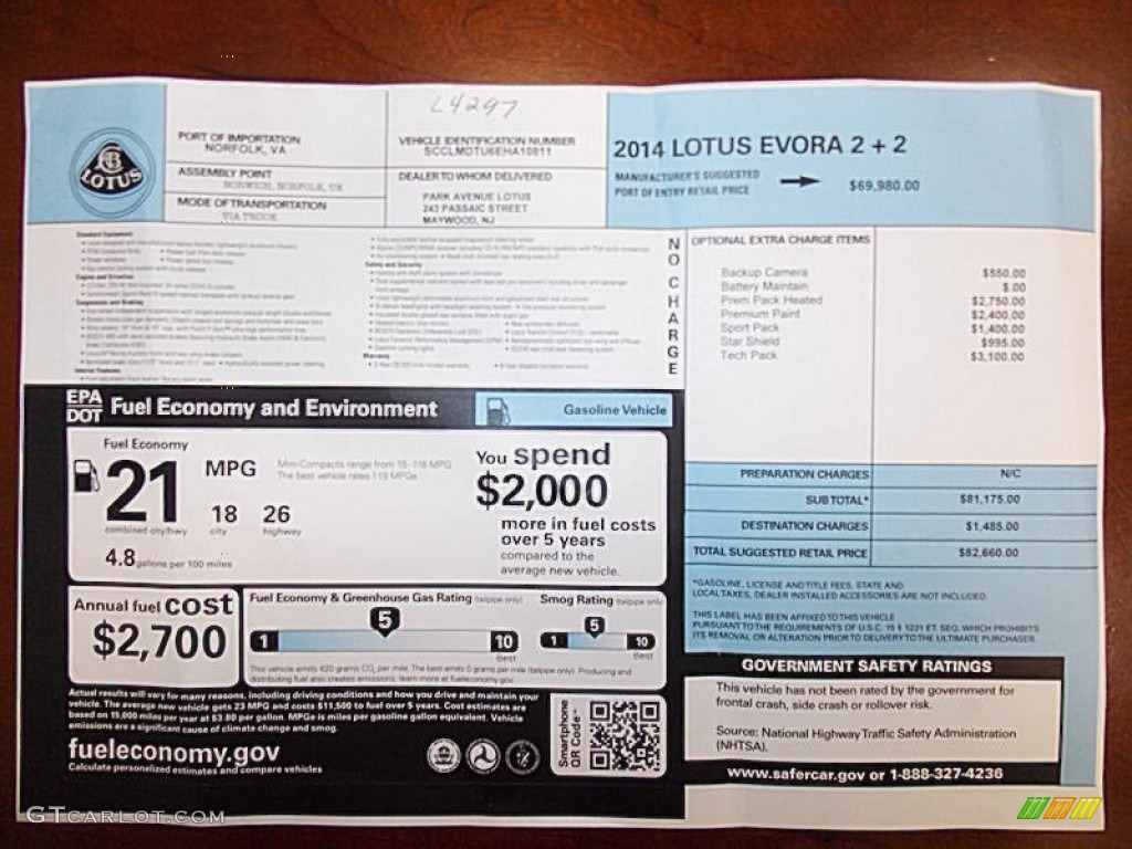 2014 Lotus Evora 2+2 Window Sticker Photo #98240588