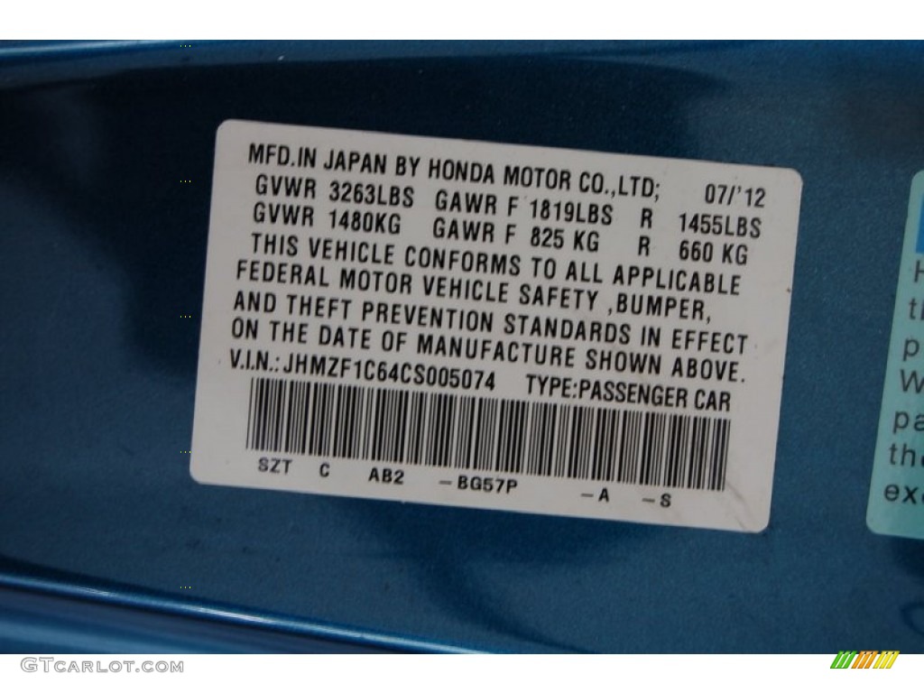 2012 Honda CR-Z EX Sport Hybrid Color Code Photos
