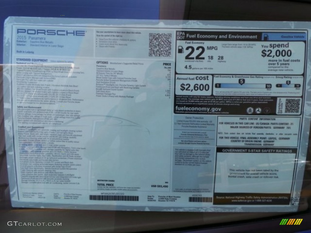 2015 Porsche Panamera Standard Panamera Model Window Sticker Photo #98262851