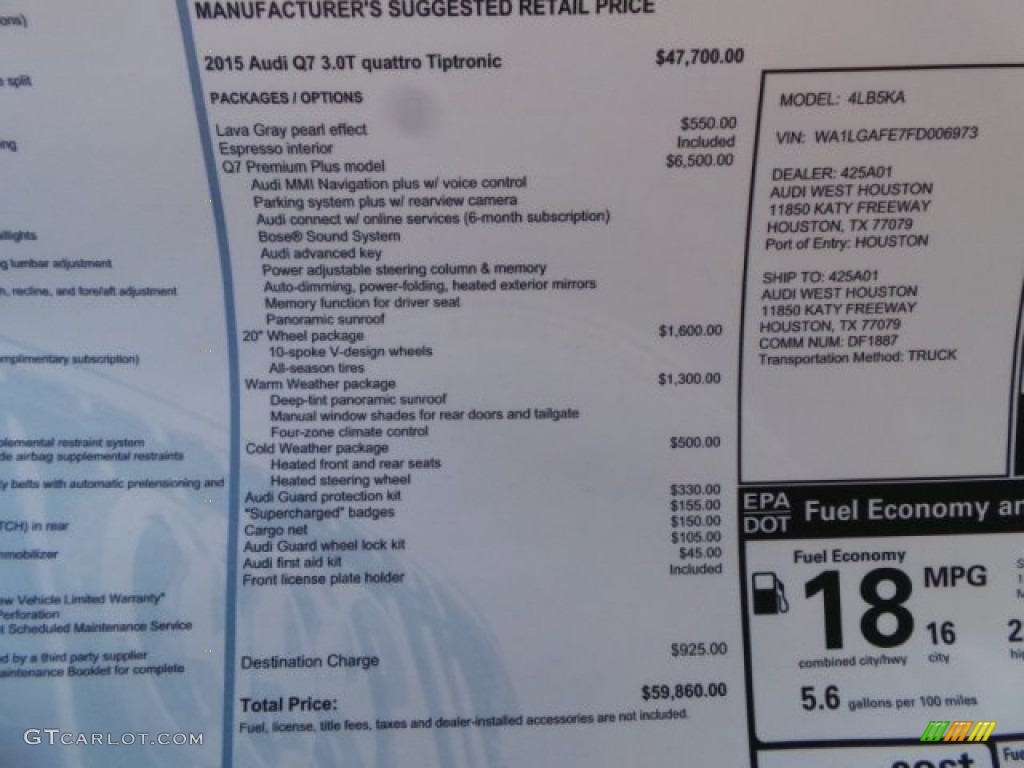 2015 Audi Q7 3.0 Premium Plus quattro Window Sticker Photo #98263811