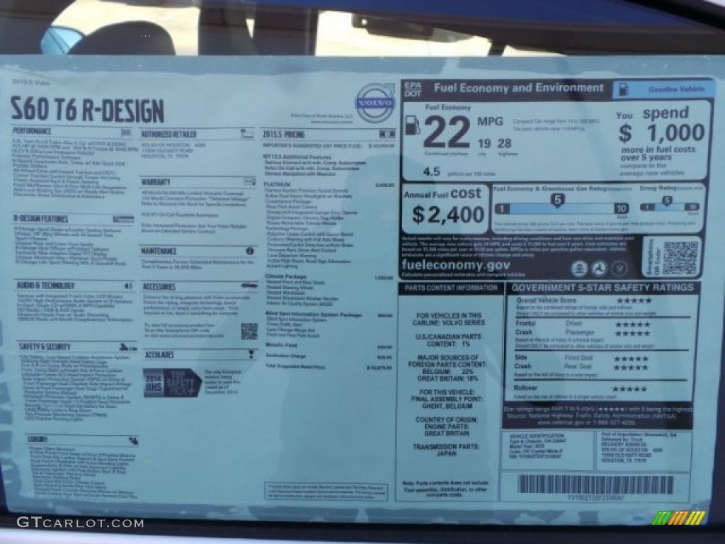 2015 Volvo S60 T6 AWD R-Design Window Sticker Photo #98265104