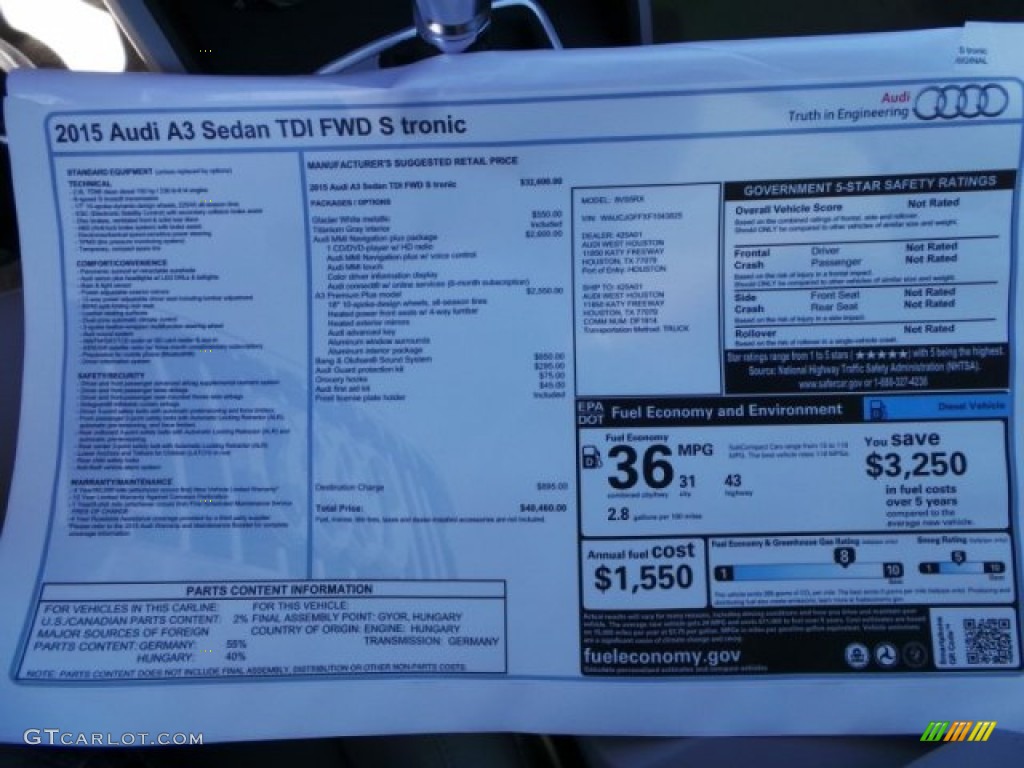 2015 Audi A3 2.0 TDI Premium Window Sticker Photo #98266377