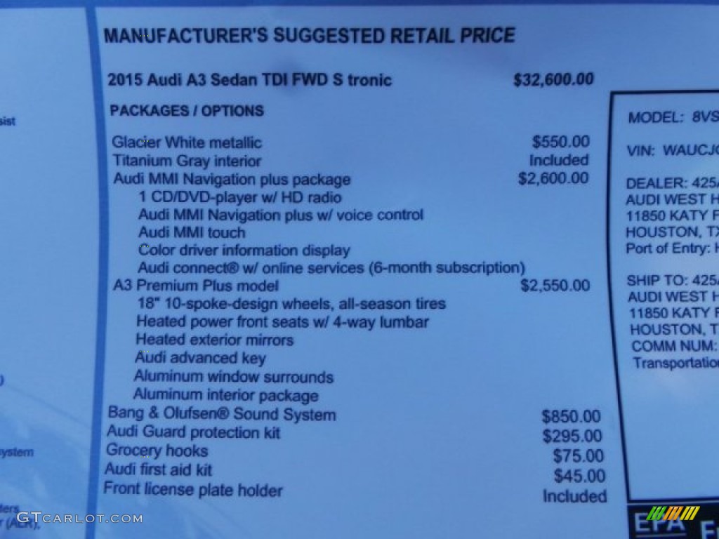 2015 Audi A3 2.0 TDI Premium Window Sticker Photo #98266400