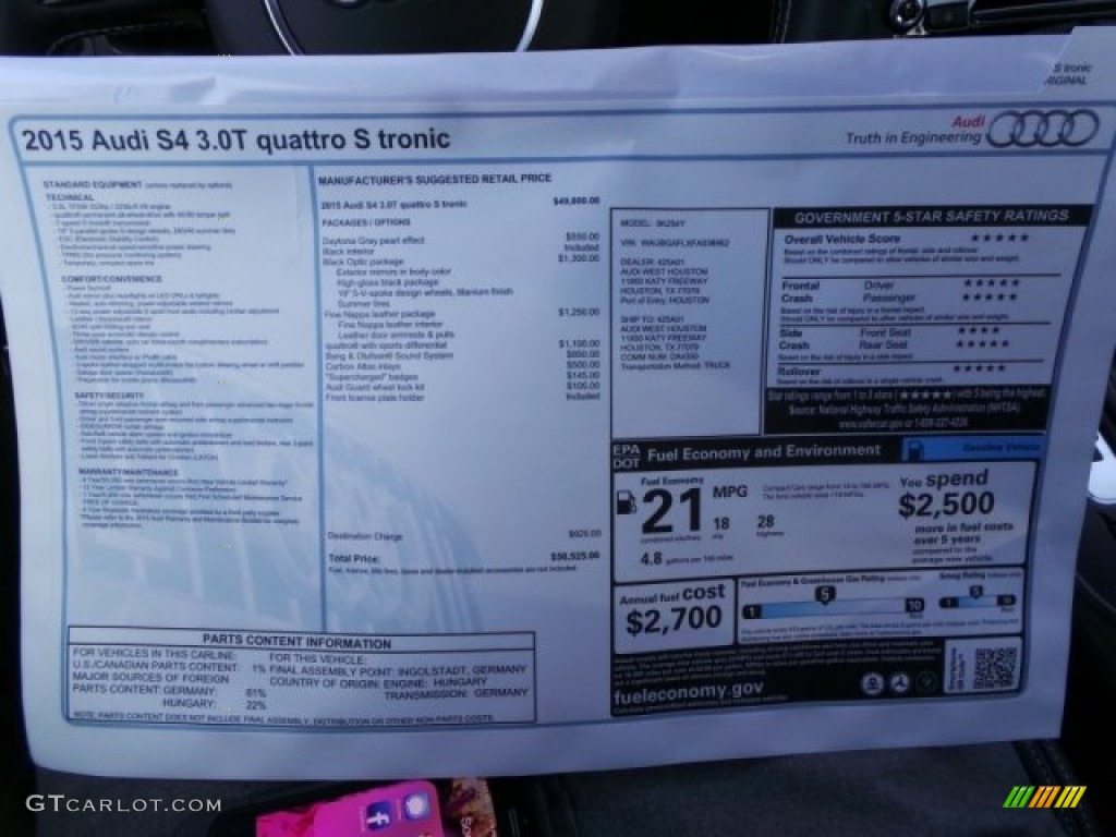 2015 Audi S4 Premium Plus 3.0 TFSI quattro Window Sticker Photo #98290618