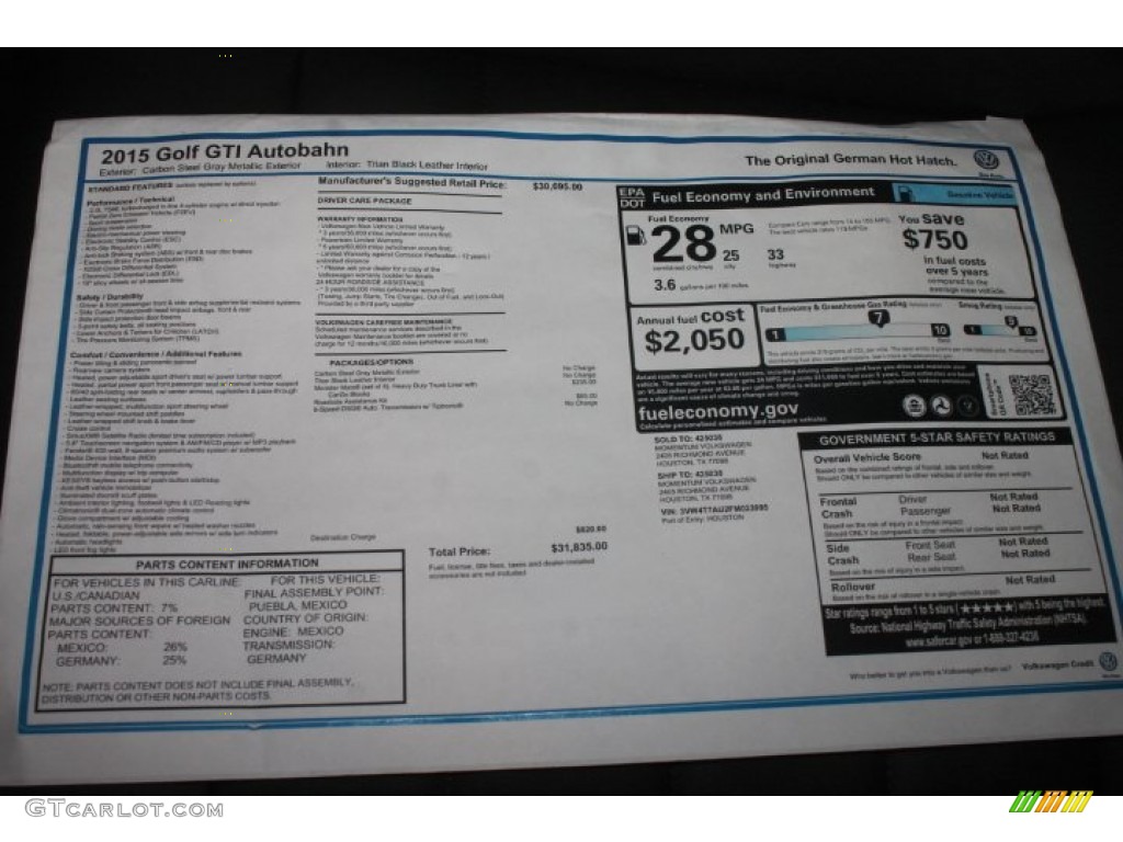 2015 Volkswagen Golf GTI 4-Door 2.0T Autobahn Window Sticker Photos