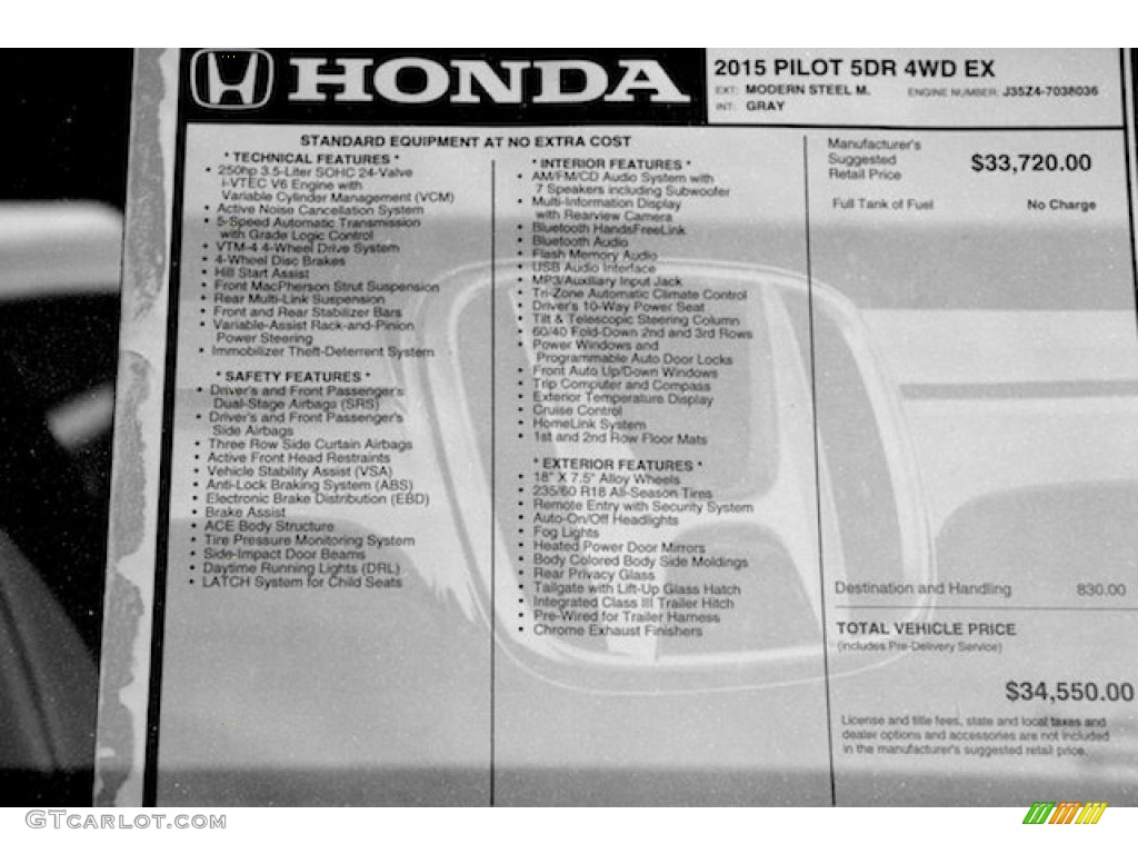 2015 Pilot EX 4WD - Modern Steel Metallic / Gray photo #21