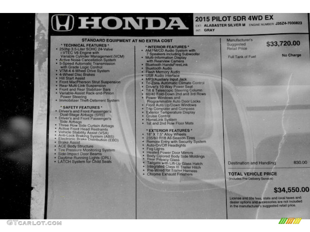 2015 Pilot EX 4WD - Alabaster Silver Metallic / Gray photo #21