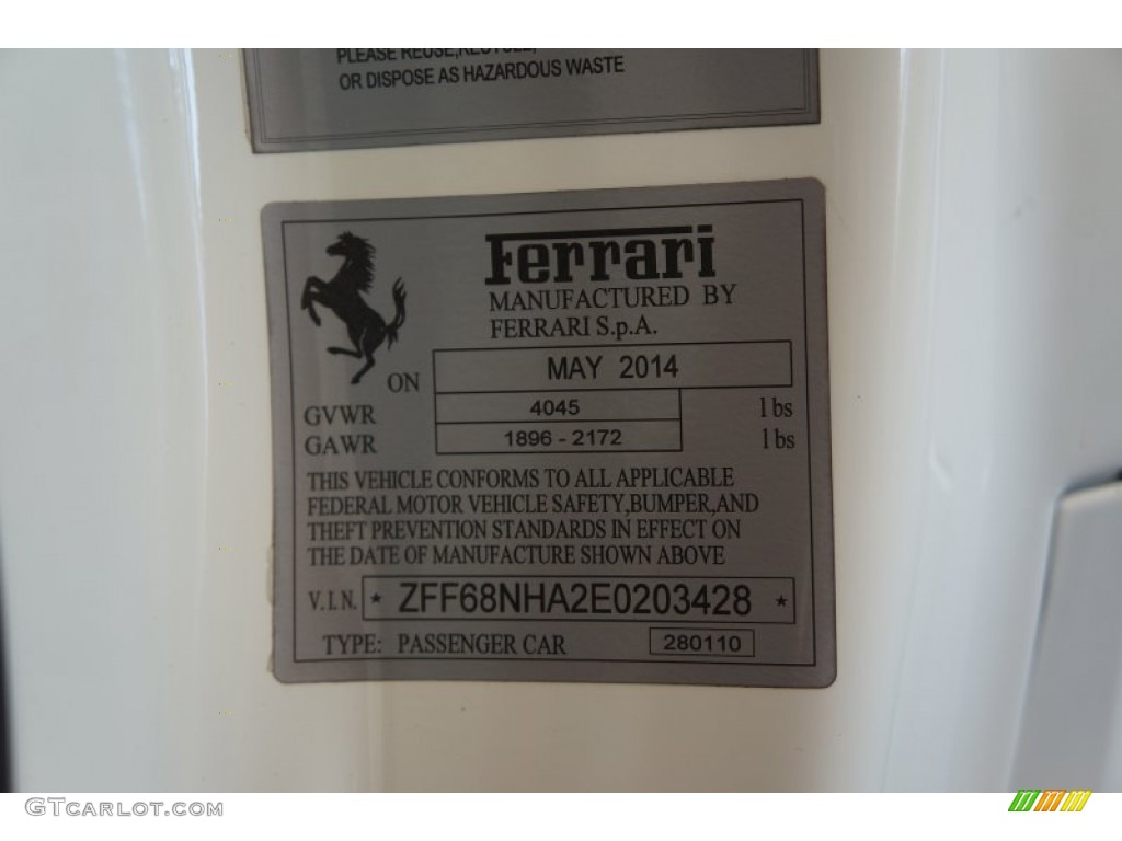2014 Ferrari 458 Spider Info Tag Photo #98334306