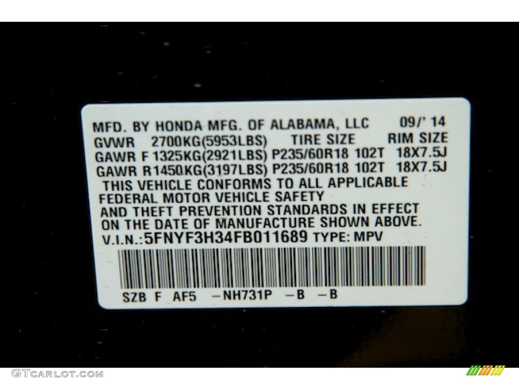2015 Honda Pilot SE Color Code Photos