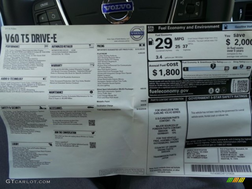 2015 Volvo V60 T5 Drive-E Window Sticker Photo #98369274